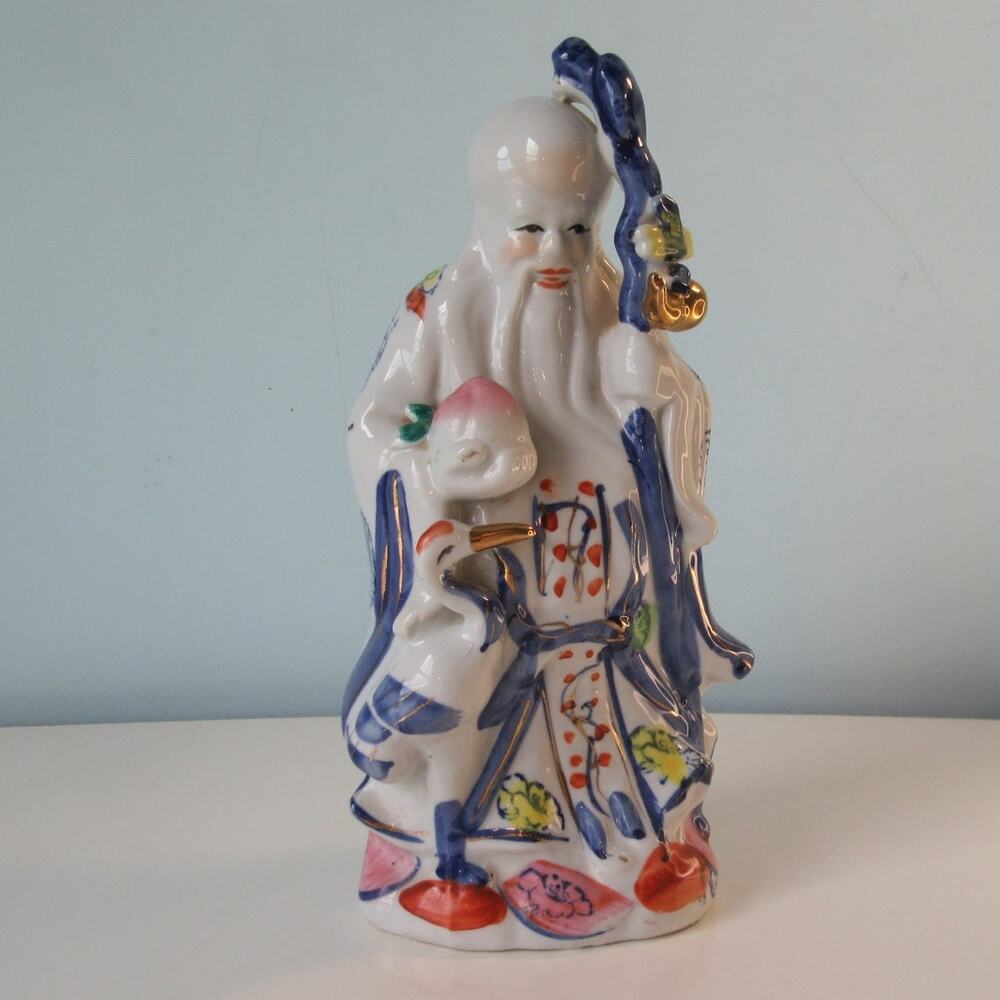 Vintage Chinese Porcelain Figure Shou Xing God Of Longevity Stork Staff